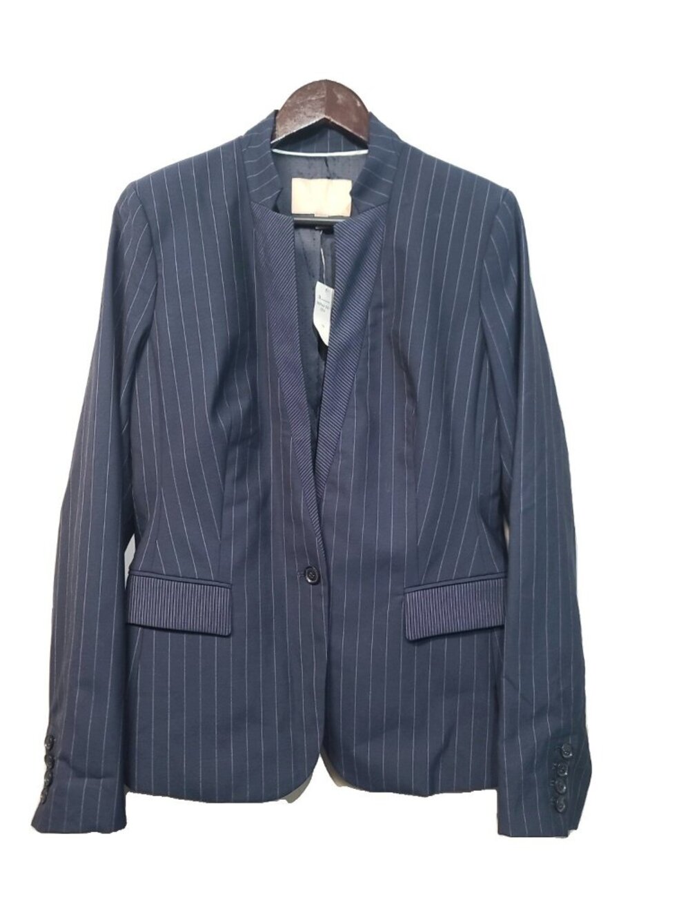 Banana Republic pinstripe collarless blazer Size 14 navy blue NWT